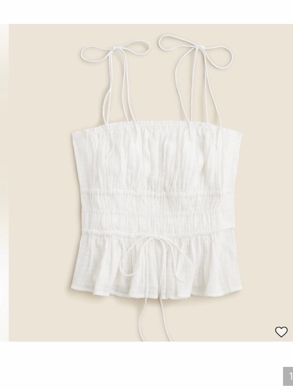 J. Crew White Smocked Tie-Shoulder Peplum Crop Top